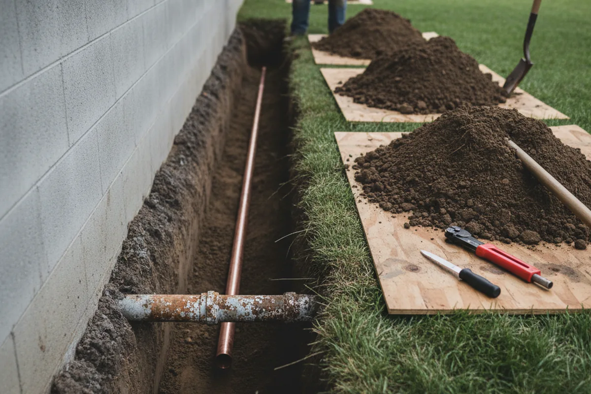 Excavated water line trench during Water Heater Repair in Hitchcock